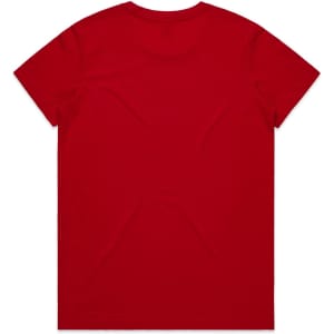 A red t-shirt with a plain back and a logo on the neck area.