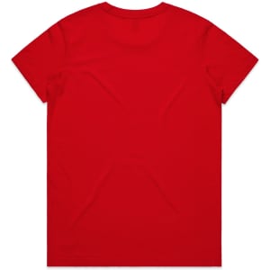A red T-shirt featuring a plain design and a logo on the back.
