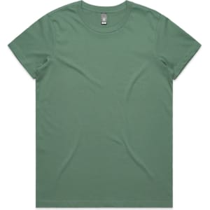 A green t-shirt with a round neckline and short sleeves, featuring a brand logo.