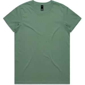 A green t-shirt with a regular fit, featuring a simple design and a logo on the tag.