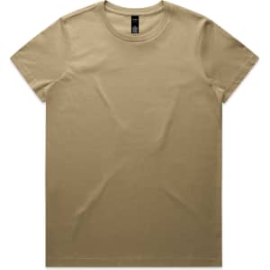 A beige t-shirt with a plain design and a logo on the label.