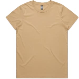 A light brown T-shirt in a classic crew neck style, featuring a logo on the label.