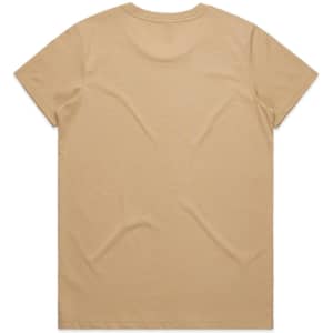 A beige t-shirt with a simple design, featuring a plain back and a crew neck style.