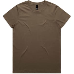 A brown t-shirt with a round neck and short sleeves, featuring a logo on the label.
