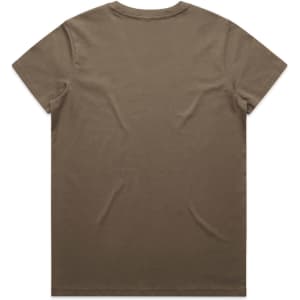 A khaki T-shirt with a plain back. The fabric appears smooth and soft, featuring a small logo at the neckline.