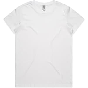 A white t-shirt featuring a simple design and a standard crew neck, with a logo on the label.