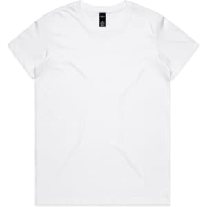 A plain white T-shirt with a round neckline and short sleeves, featuring a logo on the label.