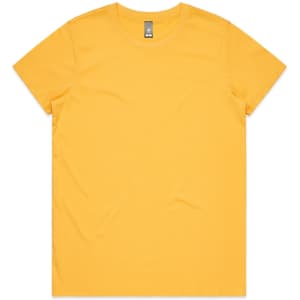 A yellow T-shirt with a round neckline and short sleeves, featuring a logo on the label.