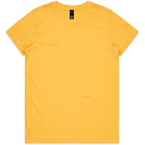 A yellow t-shirt with a round neckline and short sleeves. It features a logo at the neck.