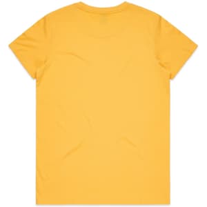 A plain yellow T-shirt with short sleeves and a simple back design. It features a logo.