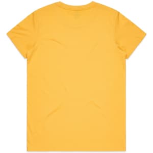 A yellow T-shirt with a smooth finish and a round neckline. The back is plain with no design elements.