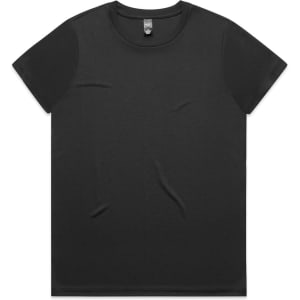 A black t-shirt featuring short sleeves and a round neckline, with a logo on the label.
