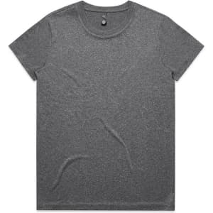 A grey active T-shirt featuring a round neckline and short sleeves, with a small logo on the neck.