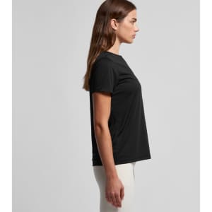 A black women's t-shirt with a crew neck, displayed from the side. It has a logo on the front.