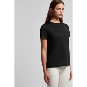 A black active T-shirt with a relaxed fit, featuring a logo on the side.