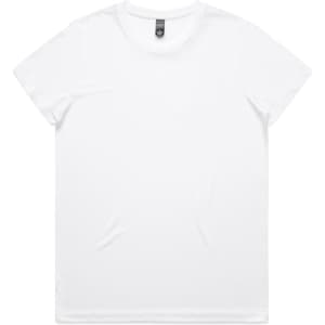 A white T-shirt with a simple design and a logo on the label.