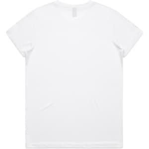 A plain white T-shirt with a crew neck and short sleeves, featuring a logo on the back.