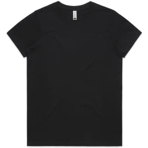 A black t-shirt displaying a classic crew neck design, featuring a logo on the tag.