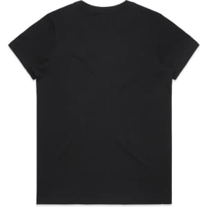 A black, short-sleeved T-shirt with a plain design and a logo on the back.