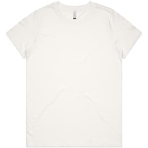A plain white organic T-shirt with a crew neck and short sleeves, featuring a small logo.