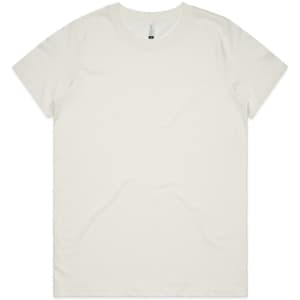A light cream organic cotton T-shirt with a simple design and a small logo on the collar.