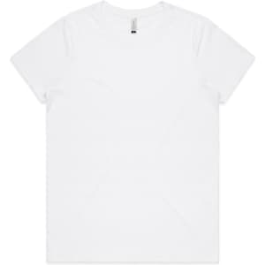 A plain white organic t-shirt with a round neckline and short sleeves. It features a brand logo on the label.