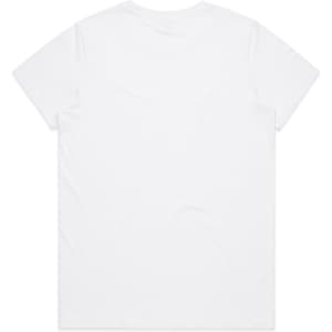 A plain white cotton T-shirt with short sleeves and a crew neckline, featuring a logo on the back.
