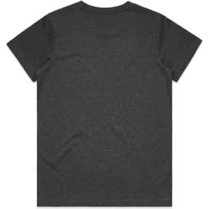 A dark grey t-shirt with a classic crew neck and short sleeves, featuring a logo on the back.