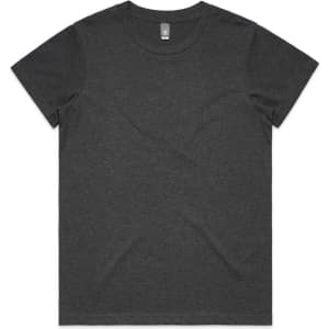 A dark grey t-shirt with short sleeves and a round neckline, featuring a logo on the label.