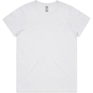 A grey t-shirt with a crew neck and short sleeves, featuring a logo on the tag.
