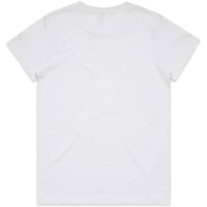 A plain white T-shirt featuring a simple design and a logo on the back.