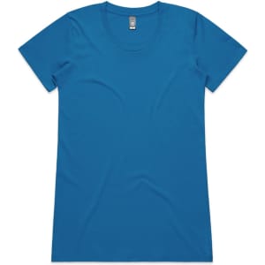 A blue short-sleeve t-shirt with a round neck and a branded label inside.