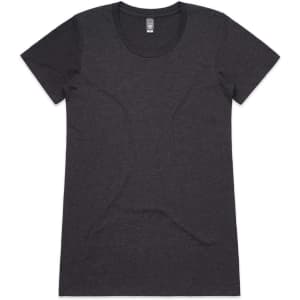 A charcoal grey T-shirt with short sleeves and a rounded neckline, featuring a logo.