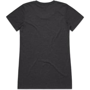 A dark grey T-shirt featuring a simple design and a branding logo on the back.