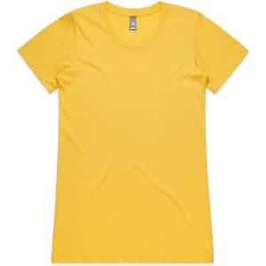A yellow T-shirt with a round neckline, featuring short sleeves and a simple design, including a logo.
