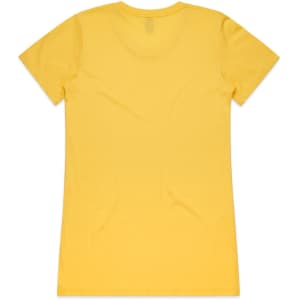 A yellow women's t-shirt with a round neck and short sleeves, featuring no visible branding on the back.
