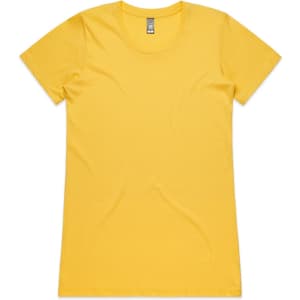 A yellow t-shirt with a scoop neckline and short sleeves, featuring a logo on the inside of the collar.