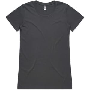 A dark grey women's T-shirt with a classic scoop neckline and short sleeves. It features a brand logo.