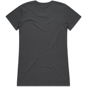 A grey T-shirt featuring a simple design and showing the back view, with a logo on the label.
