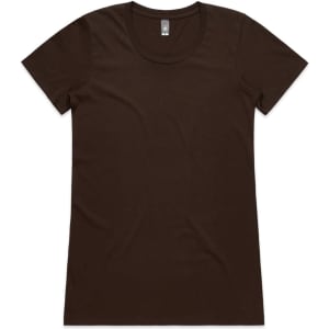 A brown T-shirt with a round neck and short sleeves. It features a logo on the label.