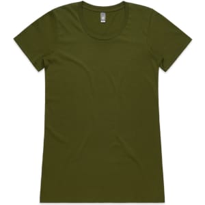 An olive green women's t-shirt with a classic round neck and short sleeves, featuring a branding logo.