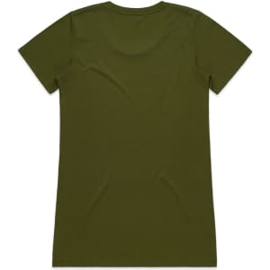 An olive green T-shirt featuring a simple design and a subtle logo at the back.