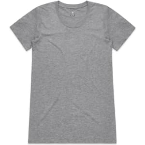 A grey T-shirt with a scoop neck design and short sleeves, featuring a logo on the label.