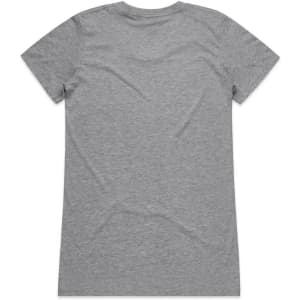 A grey T-shirt with short sleeves and a smooth back. It features a logo.