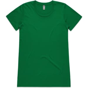 A green T-shirt with a round neckline and short sleeves. It features a logo on the label.