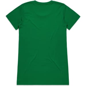 A green t-shirt displayed from the back, featuring a smooth texture and fitted cut. It includes a branding logo.