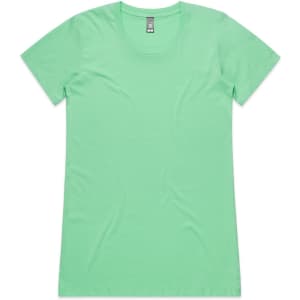 A mint green T-shirt with a round neckline and short sleeves. It features a branding label.