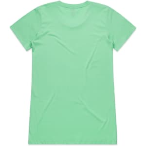 A mint green t-shirt with a crew neck and short sleeves, featuring a logo on the back.