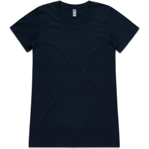 A navy blue t-shirt with a round neckline and short sleeves. It features a branding label inside.