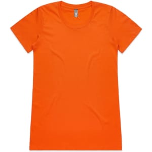 An orange women's t-shirt with a round neckline and short sleeves, featuring a small logo.